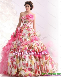 Ruffles Multi Color Bridal Gown with Brush Train and Hand Made Flowers