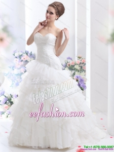 White Brush Train Wedding Dresses with Ruffled Layers and Sequins