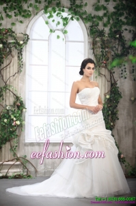 White Strapless Ruffled Gorgeous Wedding Dresses with Brush Train