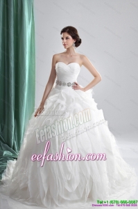 White Sweetheart Ruching Wedding Dresses with Brush Train and Beading