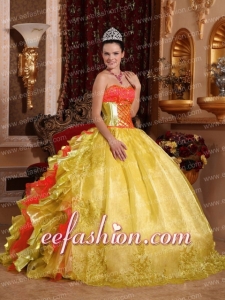 2014 Latest Ball Gown Strapless With Rufles Organza Embroidery Gold Quinceanera Dresses