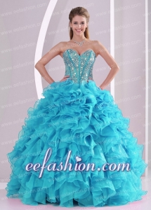 Baby Blue Sweetheart With Ruffles and Beaded Decorate Sleeveless Fashion Quinceanera Gowns