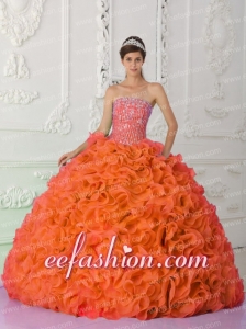 Ball Gown Strapless Organza Beading Orange Red Modern Quinceanera Dress