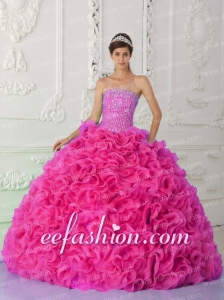 Ball Gown Strapless Organza In Hot Pink Gorgeous Quinceanera Dresses with Beading and Ruffles