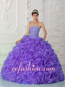 Ball Gown Strapless Organza Purple Fashion Quinceanera Gowns with Beading and Ruffles