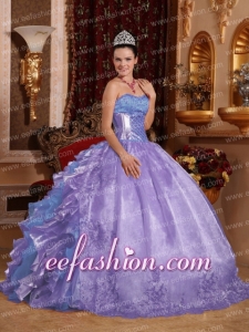 Ball Gown Strapless Ruffles Organza Embroidery Lavender Amazing Quinceanera Dresses