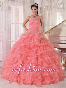 Ball Gown Strapless With Floor-length Organza Beading Gorgeous Quinceanera Dresses In Watermelon Red