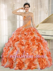 Beaded and Ruffles Custom Made For 2013 Orange Sweetheart Multi Color Quinceanera Dress
