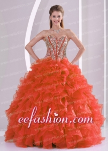 Beautiful Ball Gown Sweetheart Ruffles and Beaded Decorate Coral Red Latest Quinceanera Dresses