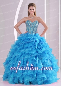 Blue Sweetheart Organza 2014 Modern Quinceanera Dress with Fitted Waist