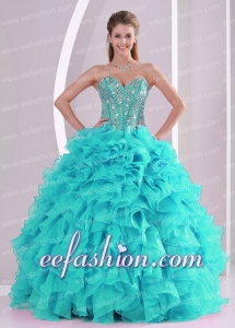 Popular Elegant Aqua Blue Ball Gown Sweetheart Ruffles and Beaded Decorate Quinceanera Gowns