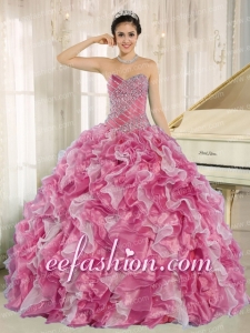 Popular Pink Beaded Bodice and Ruffles Custom Made For 2013 Quinceanera Gowns