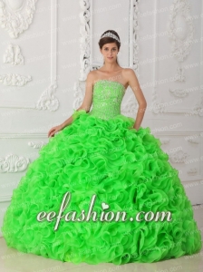 Spring Green Ball Gown Strapless Organza Beading Amazing Quinceanera Dresses with Ruffles