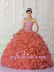 Strapless Ball Gown Ruffles Beading Rust Red Discount Quinceanera Dresses Organza