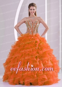 Sweetheart Ball Gown Beading and Ruffles Orange Red Discount Quinceanera Dresses Organza