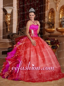 Sweetheart Ball Gown Organza Discount Quinceanera Dresses Embroidery Ruffles Beadings Red