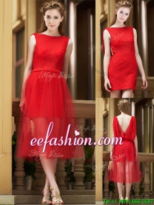 Exclusive Bateau Lace Tea Length Prom Dress in Red