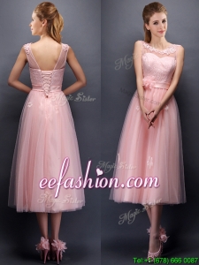 Lovely Hand Made Flowers and Applique Scoop Prom Dress in Baby Pink
