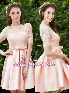 Lovely High Neck Short Sleeves Prom Dress with Lace and Bowknot