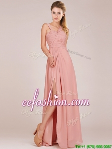 Modern Straps Peach Prom Dress with Ruching and High Slit