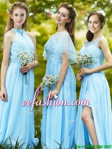 Modest Light Blue Empire Long Prom Dress with Appliques