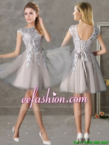 Most Popular Bateau Cap Sleeves Grey Prom Dress with Lace