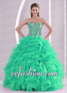 Organza Beading and Ruffles Sweetheart Green Ball Gown Exquisite Quinceanera Dresse Organza