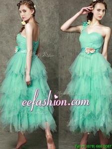 Popular One Shoulder Prom Dress with Ruffled Layers and Hand Made Flowers