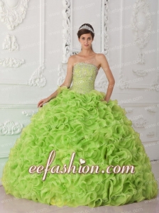 Pretty Ball Gown Strapless Organza Yellow Green Quinceanera Dress with Beading