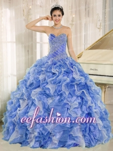 Pretty Beaded Bodice and Ruffles Custom Made Blue and White Quinceanera Dress