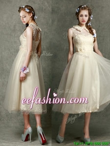 Pretty High Neck Champagne Prom Dress with Lace and Hand Made Flowers