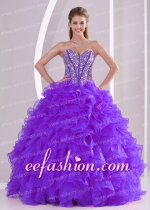 Pretty Purple Ball Gown Sweetheart Ruffles and Beading Lace Up Quinceanera Dresses
