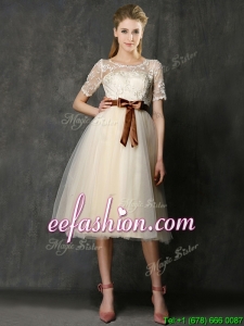 See Through Scoop Short Sleeves Prom Dress with Bowknot and Lace
