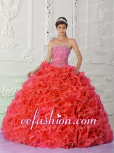 Straps Ball Gown Ruffles Beadings Organza Red Custom Made Quinceanera Dresses Organza
