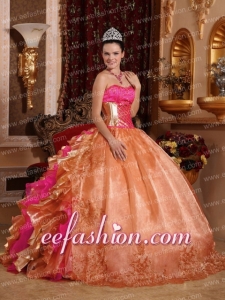 Sweetheart Ball Gown Gold Organza Embroidery Ruffles Beadings Custom Made Quinceanera Dresses