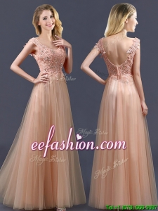 Top Selling V Neck Long Prom Dress with Appliques and Beading