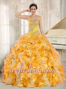 Yellow Beading and Ruffles Organza Custom Made Quinceanera Dresses