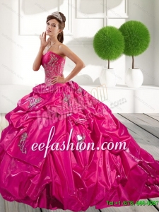 2015 Classical Appliques and Pick Ups Sweet 16 Dresses in Hot Pink