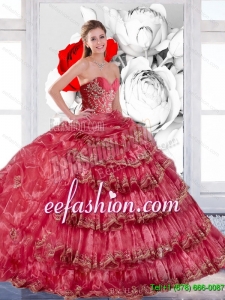 2015 Discount Appliques and Ruffles Quinceanera Dress in Coral Red