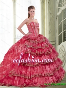 2015 Discount Coral Red Dress for Quinceanera with Pick Ups and Ruffled Layers