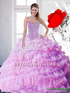2015 Fashion Lilac Quinceanera Gown with Beading and Ruffled Layers