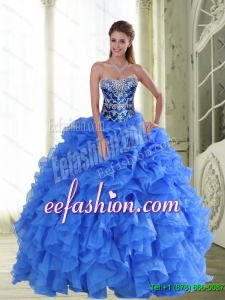 2015 Gorgeous Beading and Ruffles Strapless Quinceanera Dresses in Blue