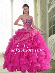 2015 New Style Beading and Ruffles Sweetheart Quinceanera Dresses in Hot Pink