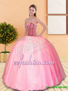 2015 Remarkable Beading Sweetheart Ball Gown Quinceanera Dresses in Rose Pink