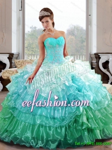 Beautiful Hot Sweetheart 2015 Quinceanera Dresses with Appliques and Ruffled Layers