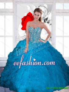 Decent Beading and Ruffles Sweetheart Teal Quinceanera Dresses for 2015