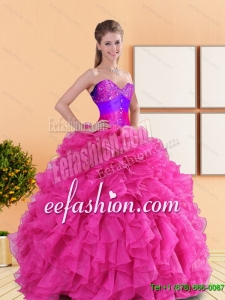 Discount 2015 Beading and Ruffles Sweetheart Quinceanera Dresses in Hot Pink