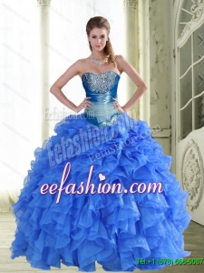 Discount Beading and Ruffles Strapless Blue Quinceanera Dresses for 2015 Spring