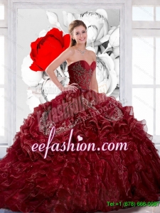 Discount Sweetheart Wine Red 2015 Quinceanera Dress with Appliques and Ruffles