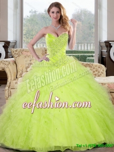 Exquisite Beading and Ruffles Sweetheart 2015 Quinceanera Dresses in Yellow Green